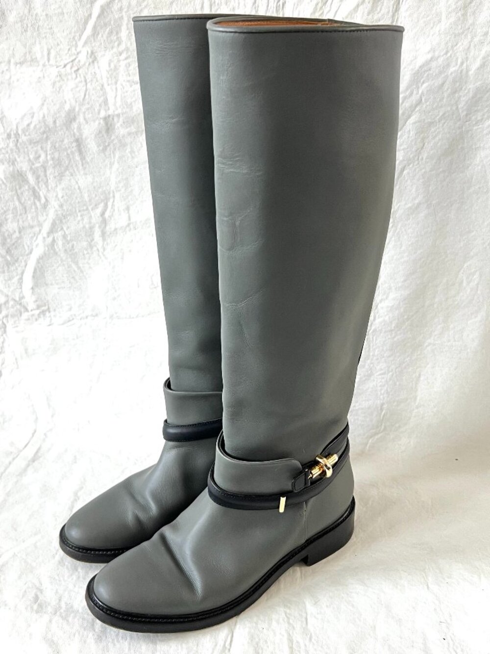 Balenciaga riding boots gray leather knee high 39 9 womens pull on black harness